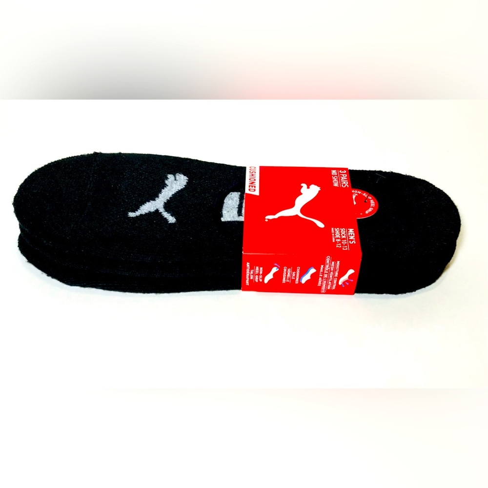 MENS PUMA NO SHOW PED SOCKS 3 PAIR BACK WITH WHITE LETTERING SHOE SIZE 8-12